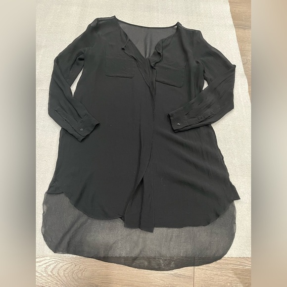 [M]Wilfred 100% Silk Womens Black Long Sleeve Blouse Pockets Sheer Asymmetrical - Picture 2 of 6